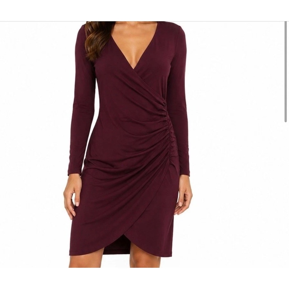 Leith Wrap Dress Womens Size M Burgundy Ruched Long Sleeve V-Neck Bodycon
